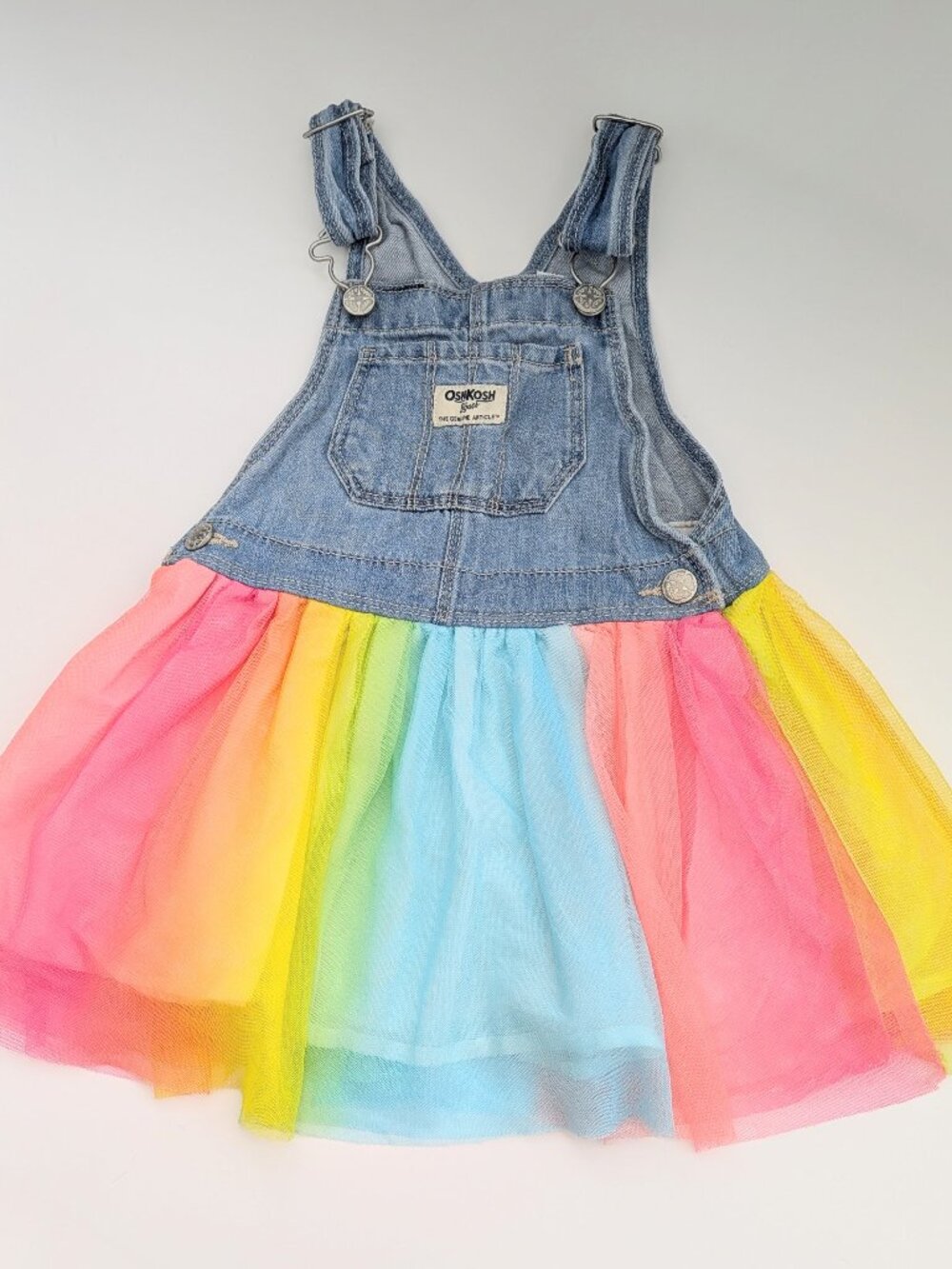 OshKosh Girls' (4T) Denim Overall Dress/Jumper with Rainbow Colored Tulle Skirt
